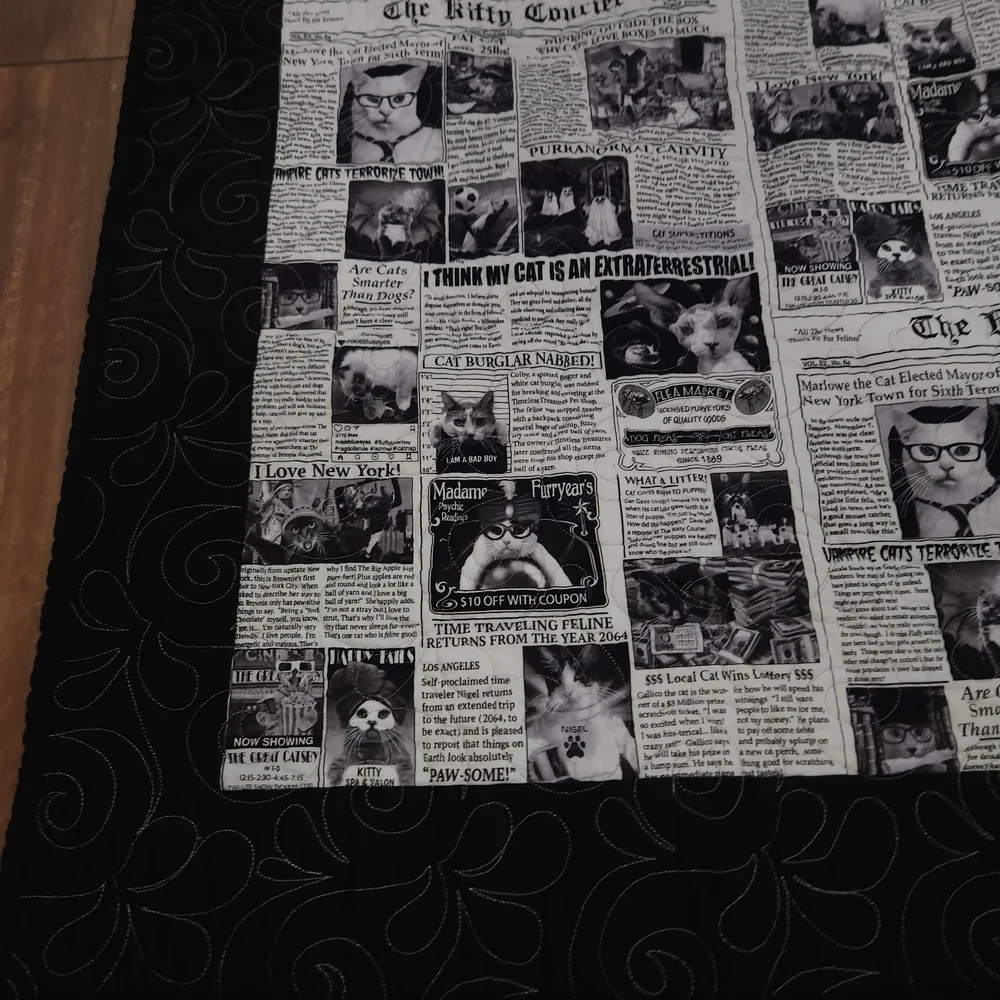 Handmade cat lady cat Black and White Newsprint Quilt 59